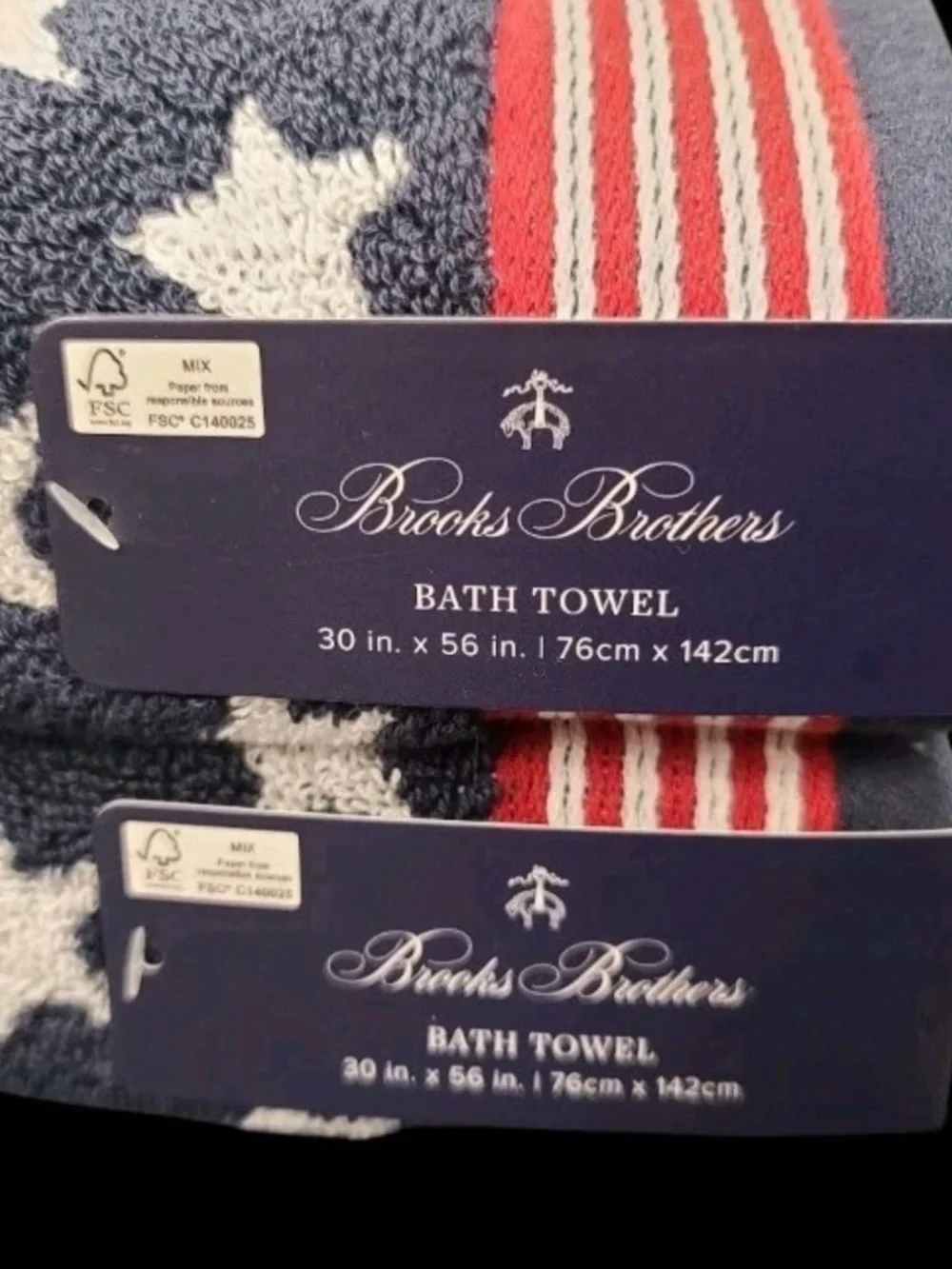 Brooks Brothers Red White Blue Stars Stripes 30 x 56” Bath Towels Set of 2 New